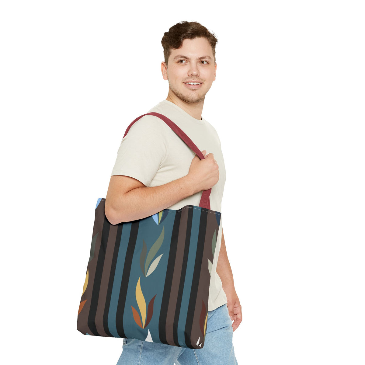 Autumn Stripe Leaf Tote Bag — Retro Boho AOP Canvas Tote