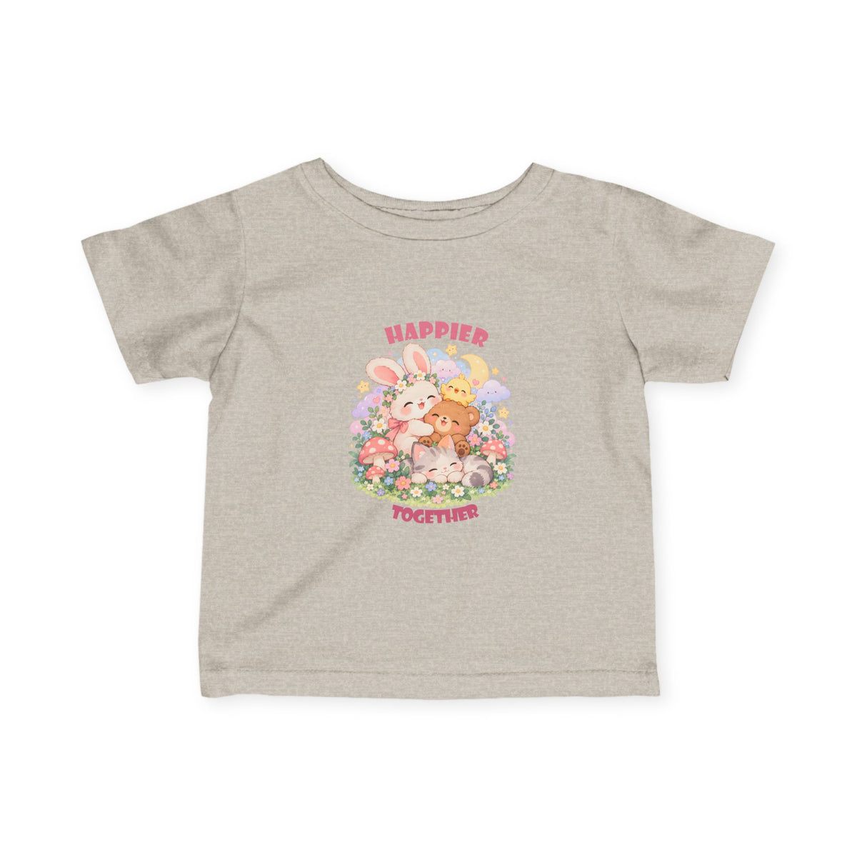 Infant Tee — "Happier Together" Floral Bunny & Bear Baby Shirt