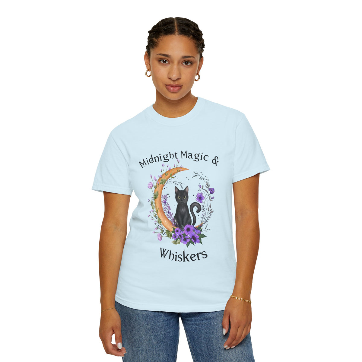 Mystical Black Cat Crescent Moon Floral Graphic Tee – Witchy Cat Lover Shirt