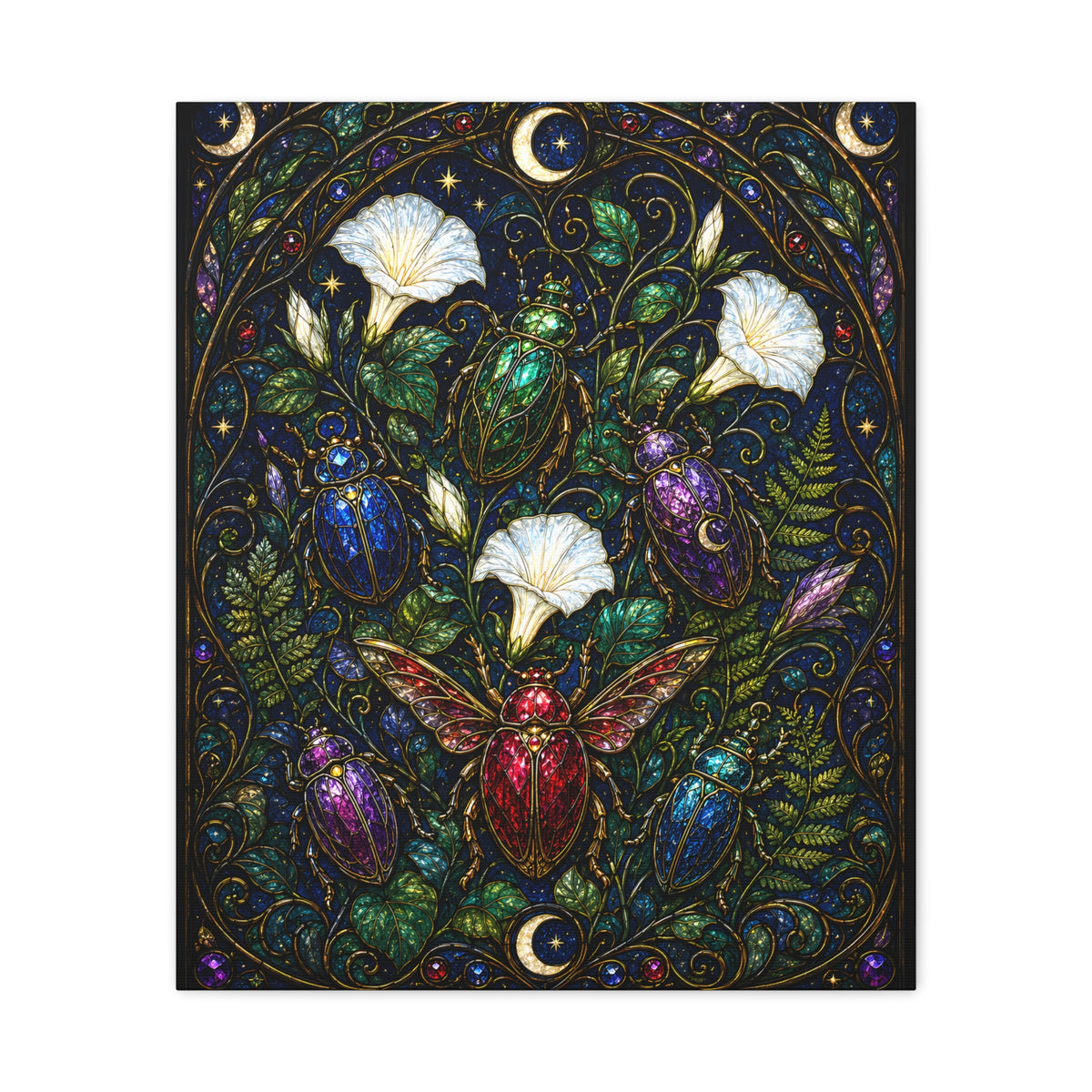 Jewel-toned beetles in an Art Nouveau stained-glass moonflower garden with ferns, crescent moons, stars, and dark botanical foliage.