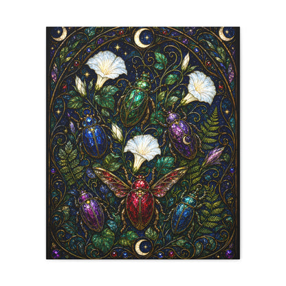 Jewel-toned beetles in an Art Nouveau stained-glass moonflower garden with ferns, crescent moons, stars, and dark botanical foliage.