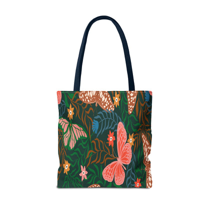 Floral Butterfly Tote Bag — Pink Butterflies on Green Botanical Print