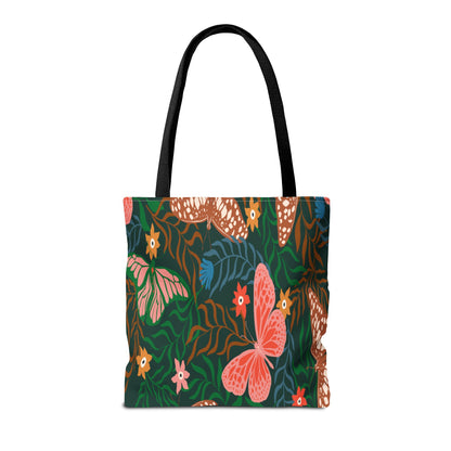 Floral Butterfly Tote Bag — Pink Butterflies on Green Botanical Print