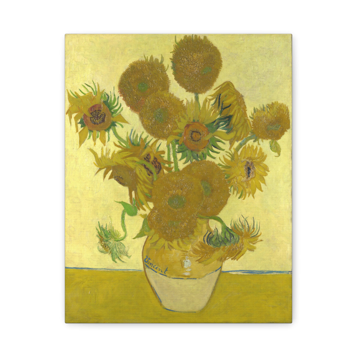 Vincent van Gogh sunflower still life featuring golden yellow blooms in a yellow vase against a warm yellow background with expressive textured brushwork.