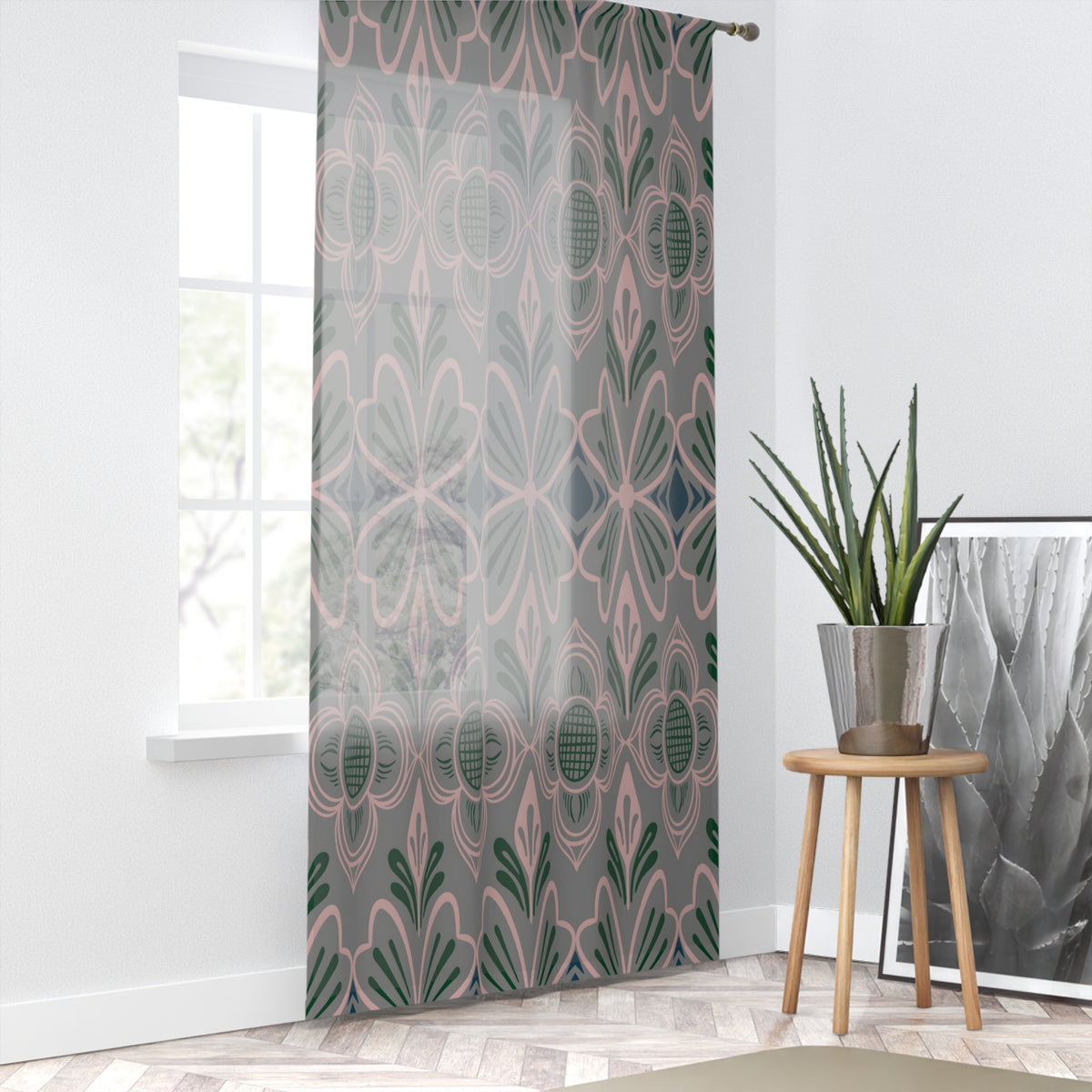 Mauve Art Deco Floral Window Curtain — Pink & Green Geometric Sheer Panel