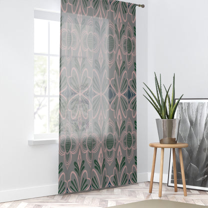 Mauve Art Deco Floral Window Curtain — Pink & Green Geometric Sheer Panel