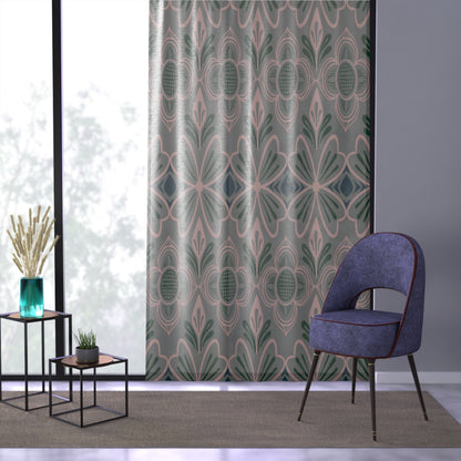 Mauve Art Deco Floral Window Curtain — Pink & Green Geometric Sheer Panel