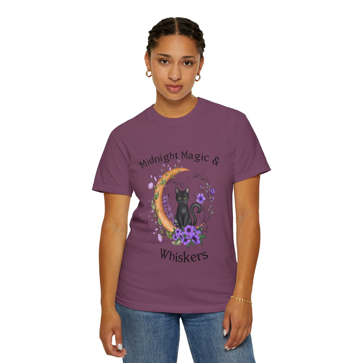 Mystical Black Cat Crescent Moon Floral Graphic Tee – Witchy Cat Lover Shirt