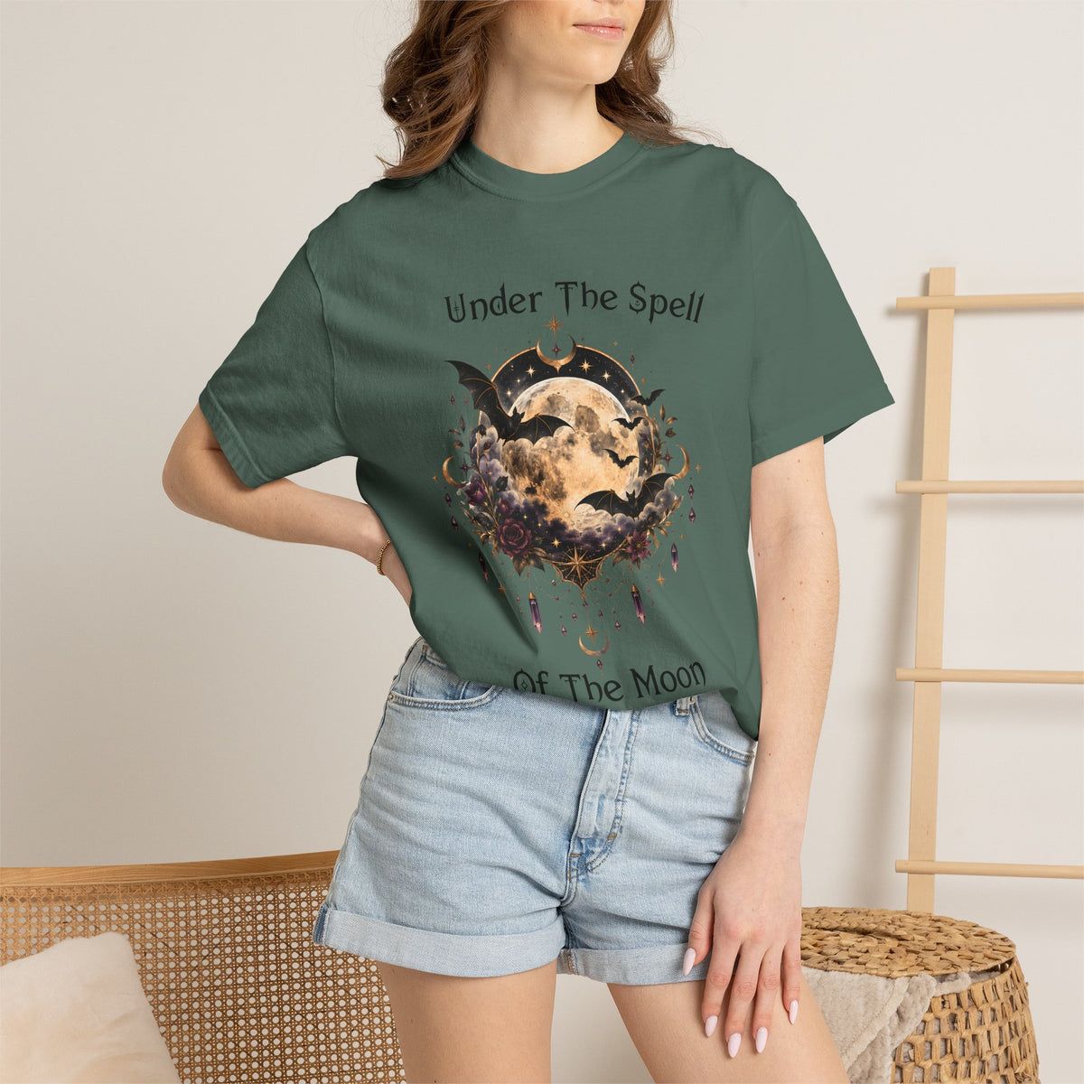 Moonlit Enchantment T-Shirt | Gothic Celestial Moon & Bats Graphic Tee
