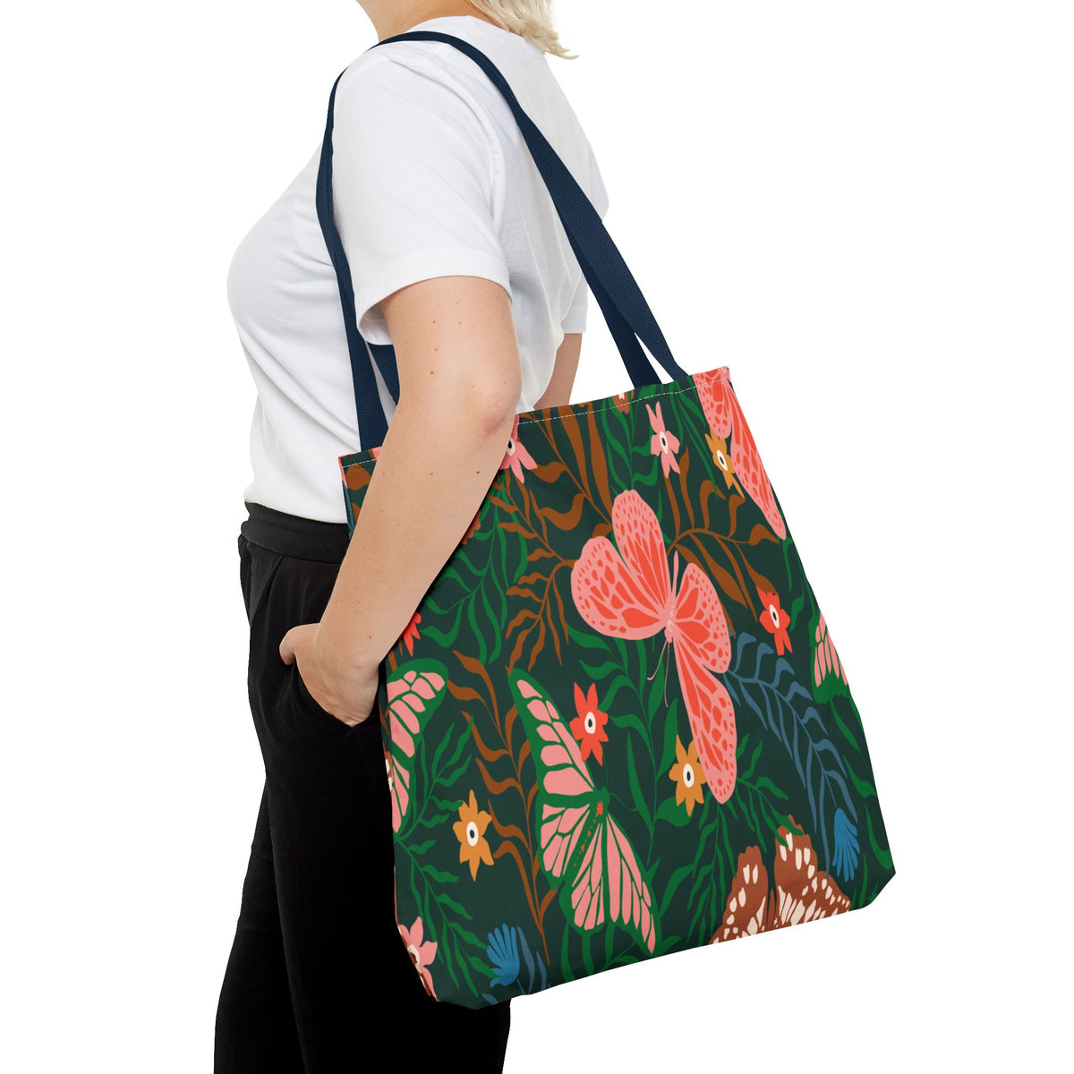 Floral Butterfly Tote Bag — Pink Butterflies on Green Botanical Print