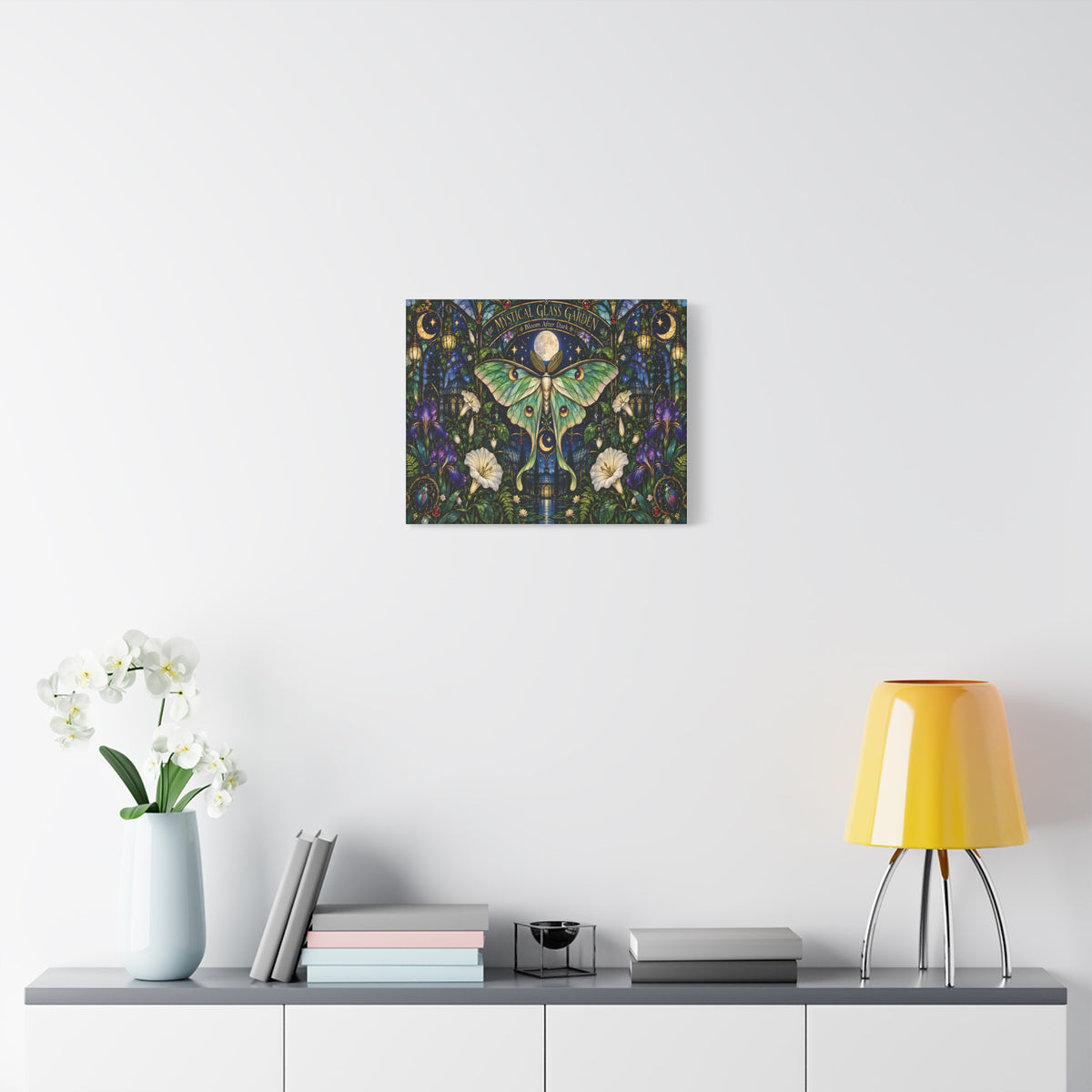 Mystical Glass Garden Luna Moth Canvas Print — 'Bloom After Dark' Stretched Art