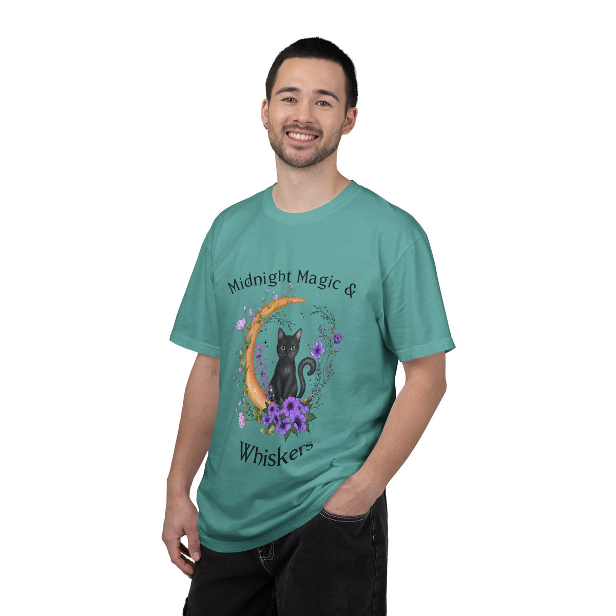 Mystical Black Cat Crescent Moon Floral Graphic Tee – Witchy Cat Lover Shirt