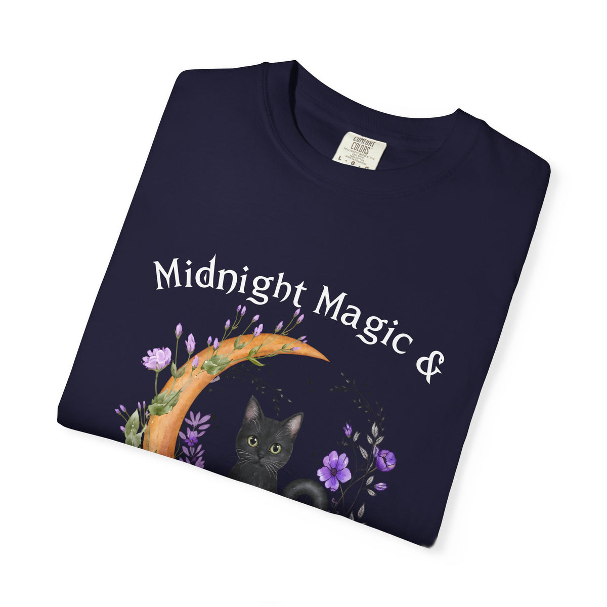 Mystical Black Cat & Crescent Moon Floral T-Shirt | Witchy Cat Tee