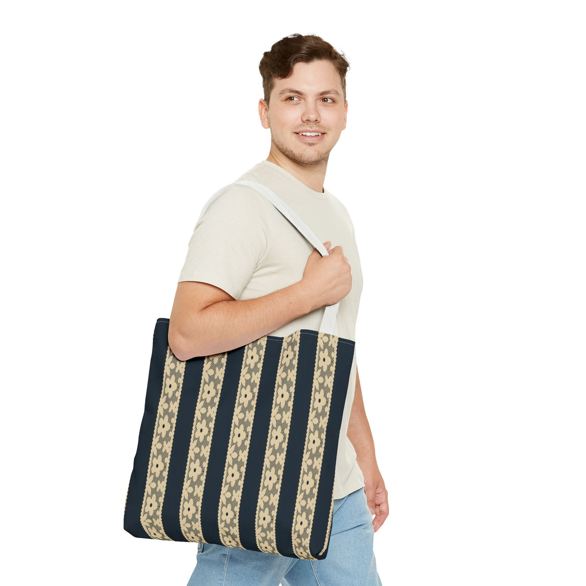 Lace Floral Yellow Black Stripe Tote Bag
