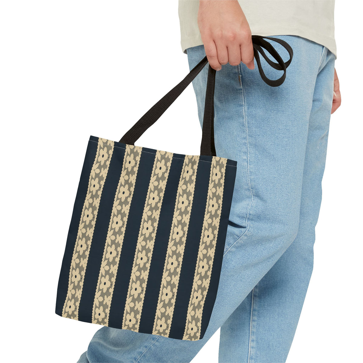 Lace Floral Yellow Black Stripe Tote Bag