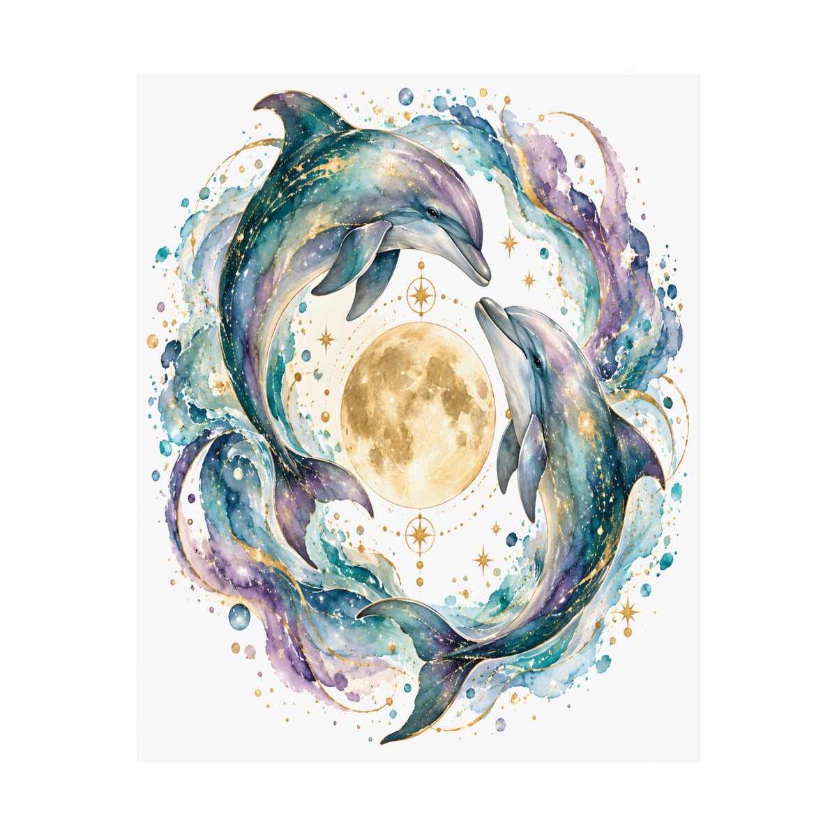 Twin Dolphin Moon Watercolor Art Print