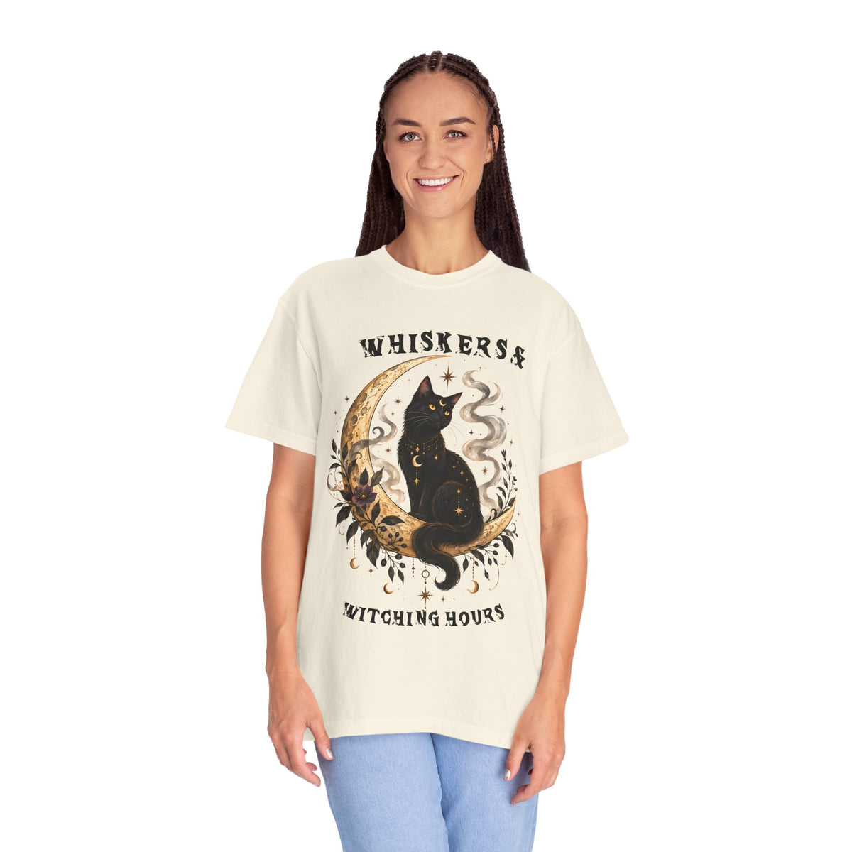 Mystical Black Cat Crescent Moon T-Shirt | Celestial Witchy Cat Tee