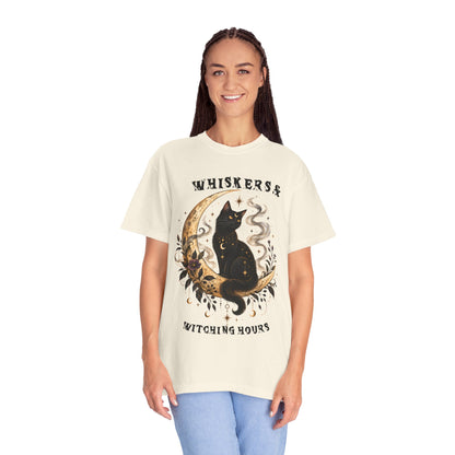 Mystical Black Cat Crescent Moon T-Shirt | Celestial Witchy Cat Tee