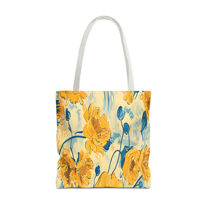 Golden Poppy Meadow Tote Bag – Yellow & Teal Painterly Floral Patter