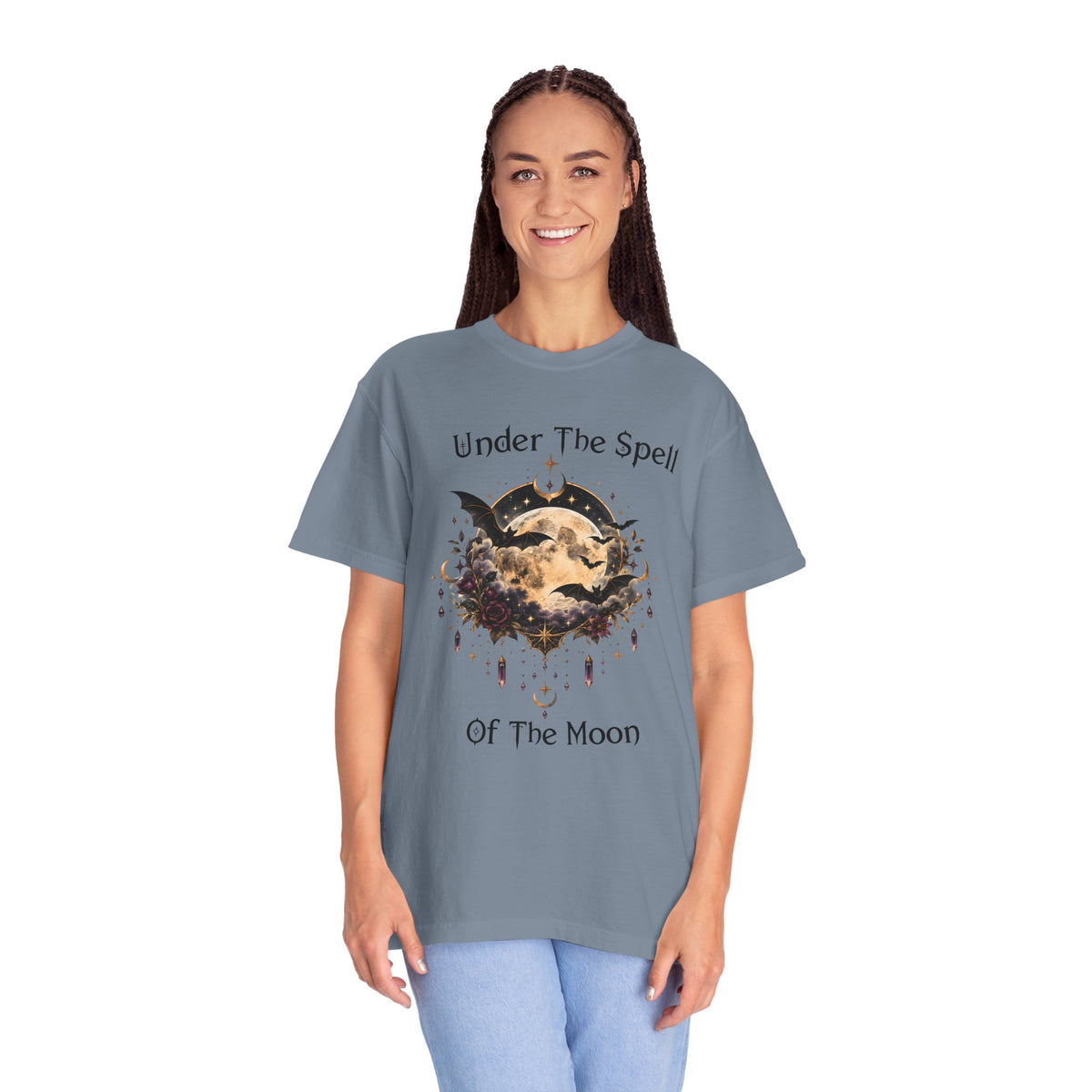 Moonlit Enchantment T-Shirt | Gothic Celestial Moon & Bats Graphic Tee