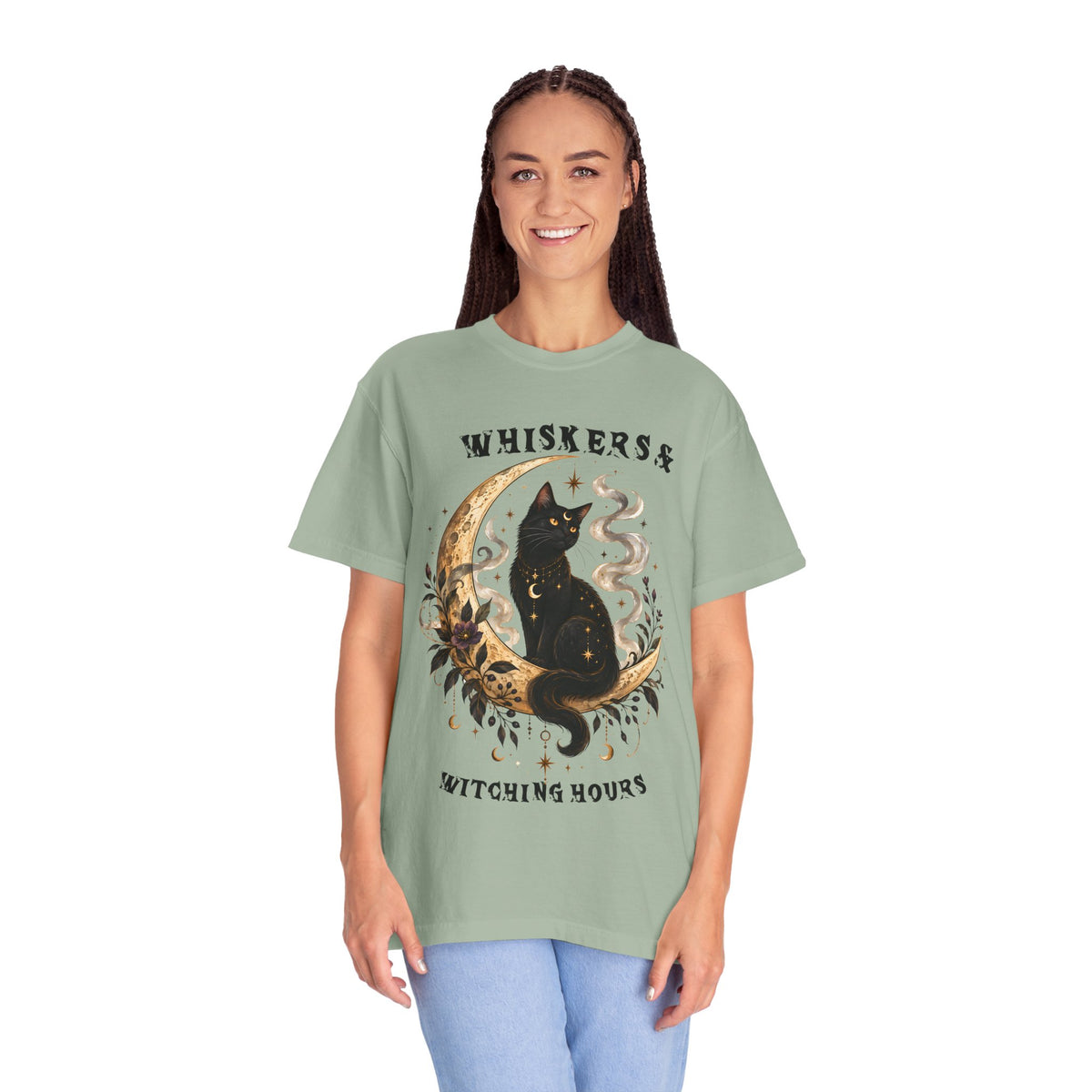 Mystical Black Cat Crescent Moon T-Shirt | Celestial Witchy Cat Tee