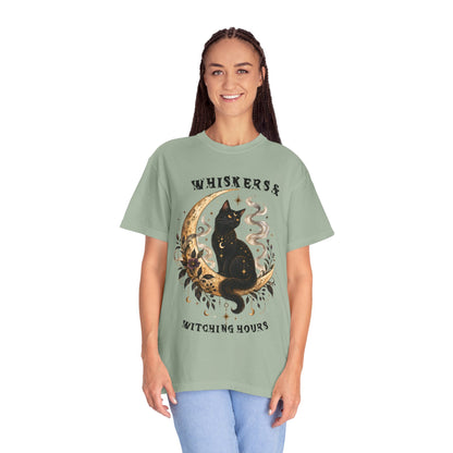Mystical Black Cat Crescent Moon T-Shirt | Celestial Witchy Cat Tee