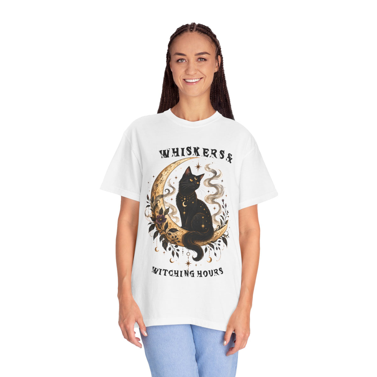 Mystical Black Cat Crescent Moon T-Shirt | Celestial Witchy Cat Tee