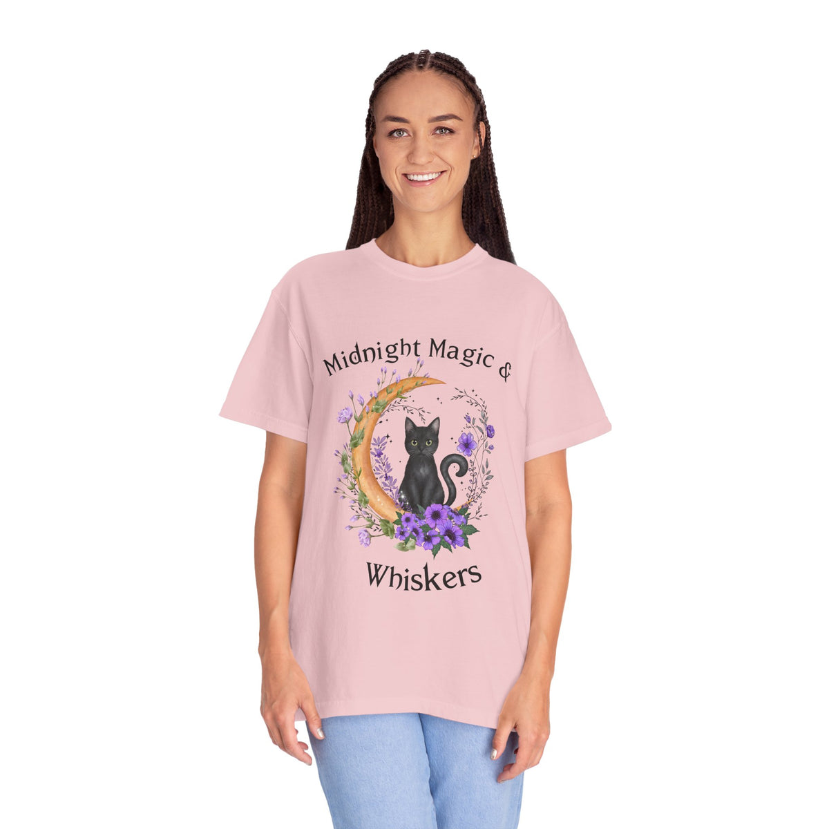 Mystical Black Cat Crescent Moon Floral Graphic Tee – Witchy Cat Lover Shirt