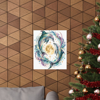 Twin Dolphin Moon Watercolor Art Print