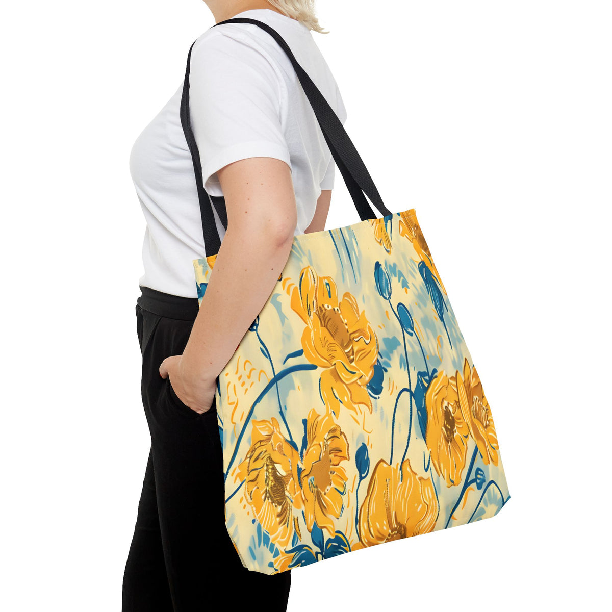Golden Poppy Meadow Tote Bag – Yellow & Teal Painterly Floral Patter