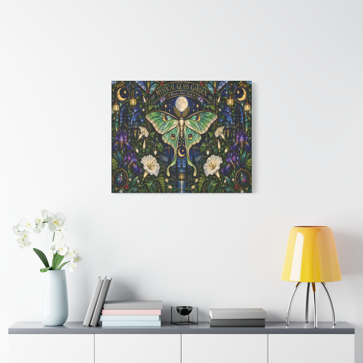 Mystical Glass Garden Luna Moth Canvas Print — 'Bloom After Dark' Stretched Art