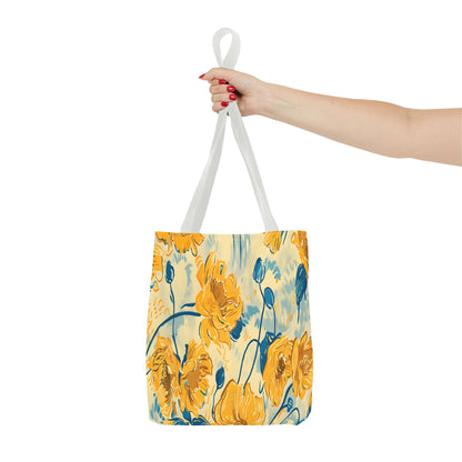 Golden Poppy Meadow Tote Bag – Yellow & Teal Painterly Floral Patter