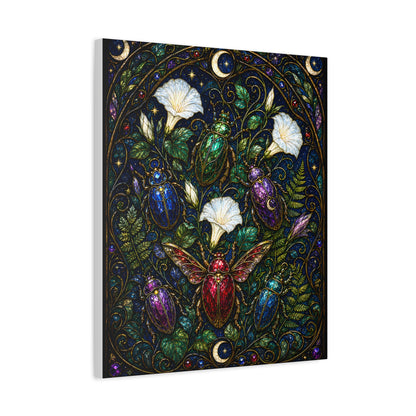 Jewel-toned beetles in an Art Nouveau stained-glass moonflower garden with ferns, crescent moons, stars, and dark botanical foliage.