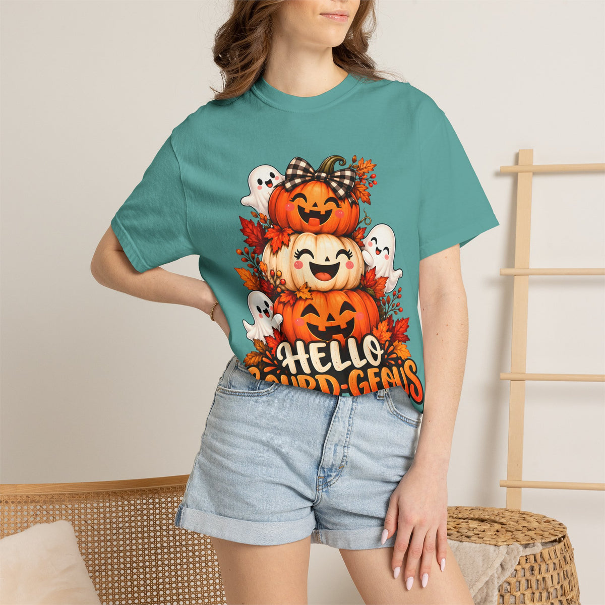 Hello Gourd-Geous Halloween T-Shirt | Cute Pumpkin & Ghost Graphic Tee