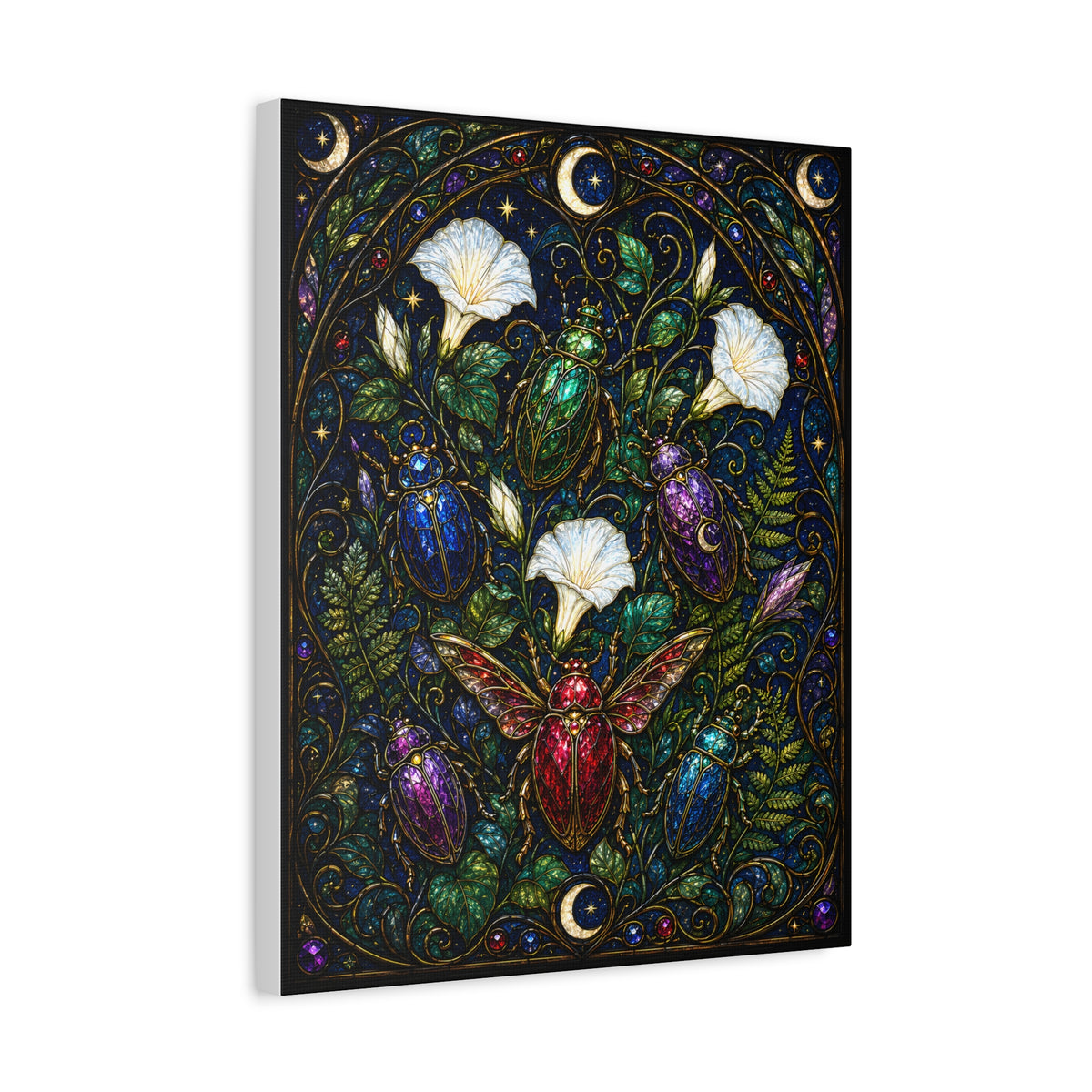 Jewel-toned beetles in an Art Nouveau stained-glass moonflower garden with ferns, crescent moons, stars, and dark botanical foliage.