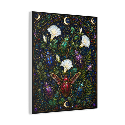 Jewel-toned beetles in an Art Nouveau stained-glass moonflower garden with ferns, crescent moons, stars, and dark botanical foliage.
