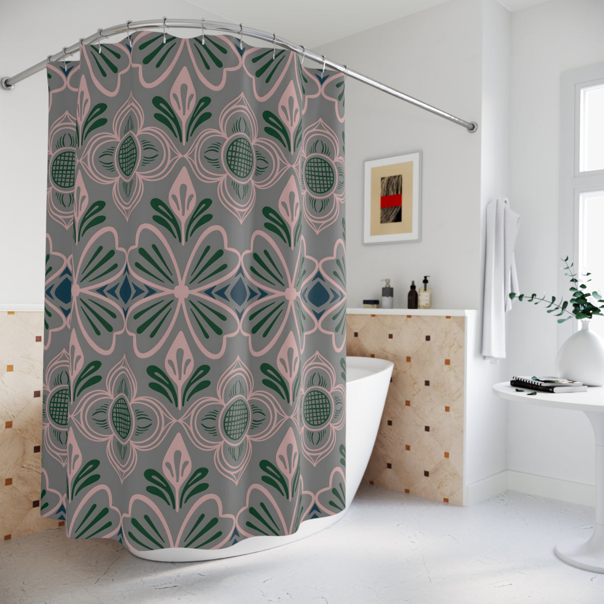 Floral Tile Shower Curtain — Pink & Forest Green Retro Pattern