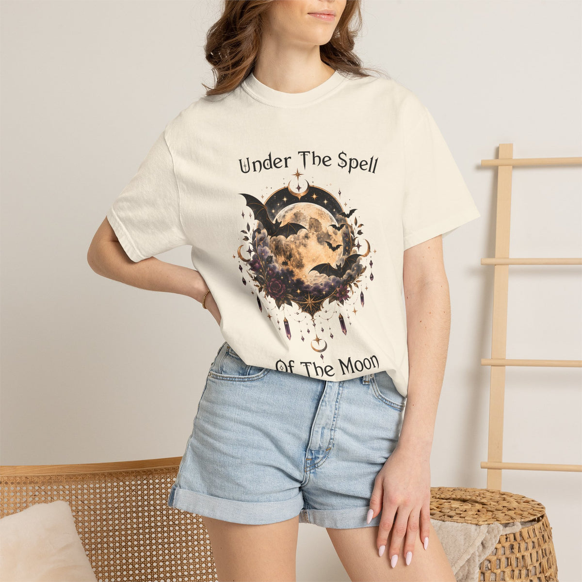 Moonlit Enchantment T-Shirt | Gothic Celestial Moon & Bats Graphic Tee