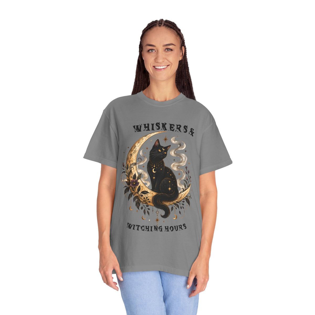 Mystical Black Cat Crescent Moon T-Shirt | Celestial Witchy Cat Tee
