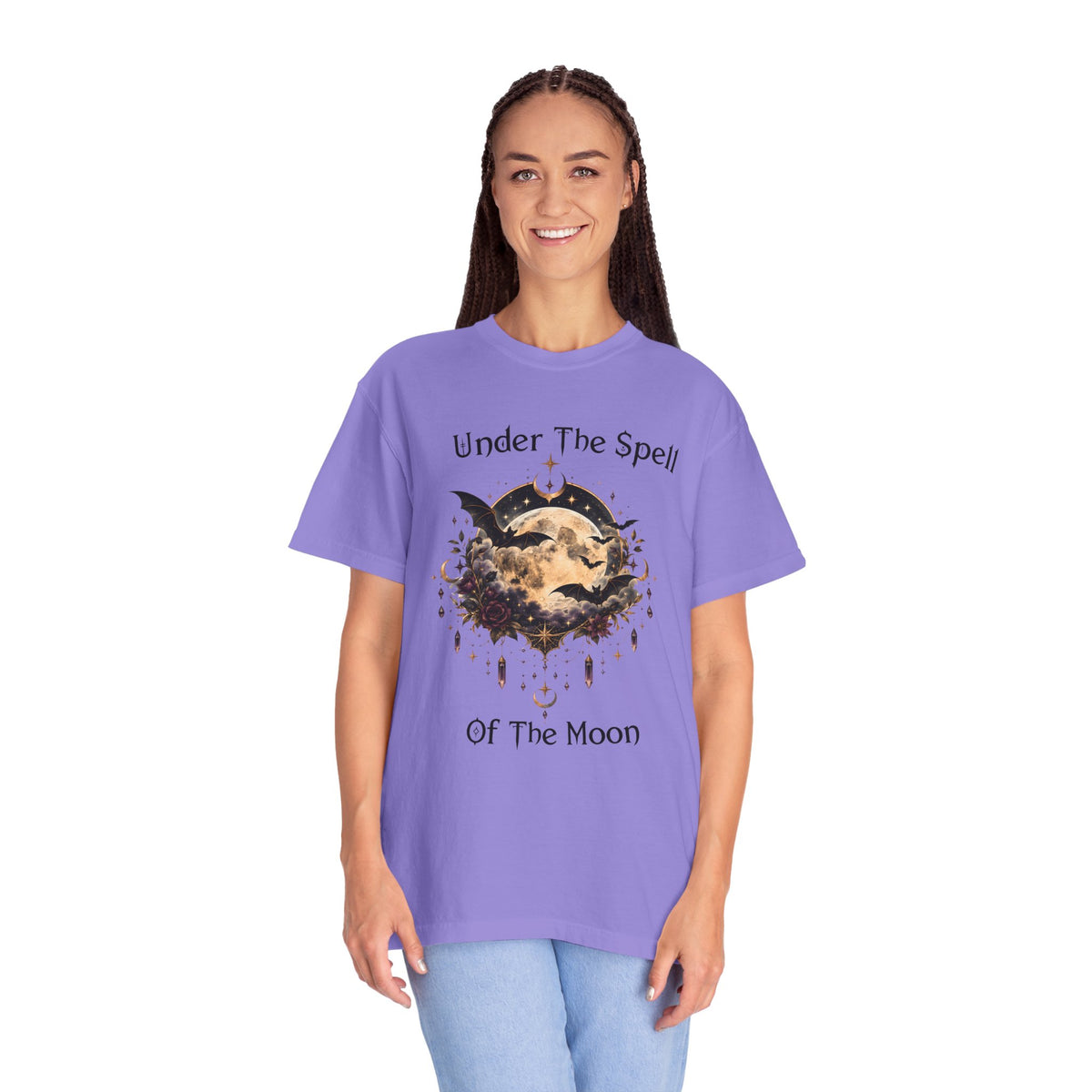 Moonlit Enchantment T-Shirt | Gothic Celestial Moon & Bats Graphic Tee