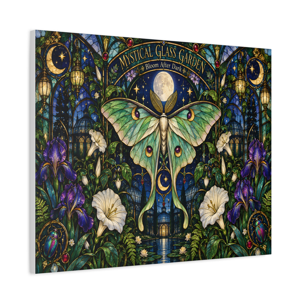 Mystical Glass Garden Luna Moth Canvas Print — 'Bloom After Dark' Stretched Art