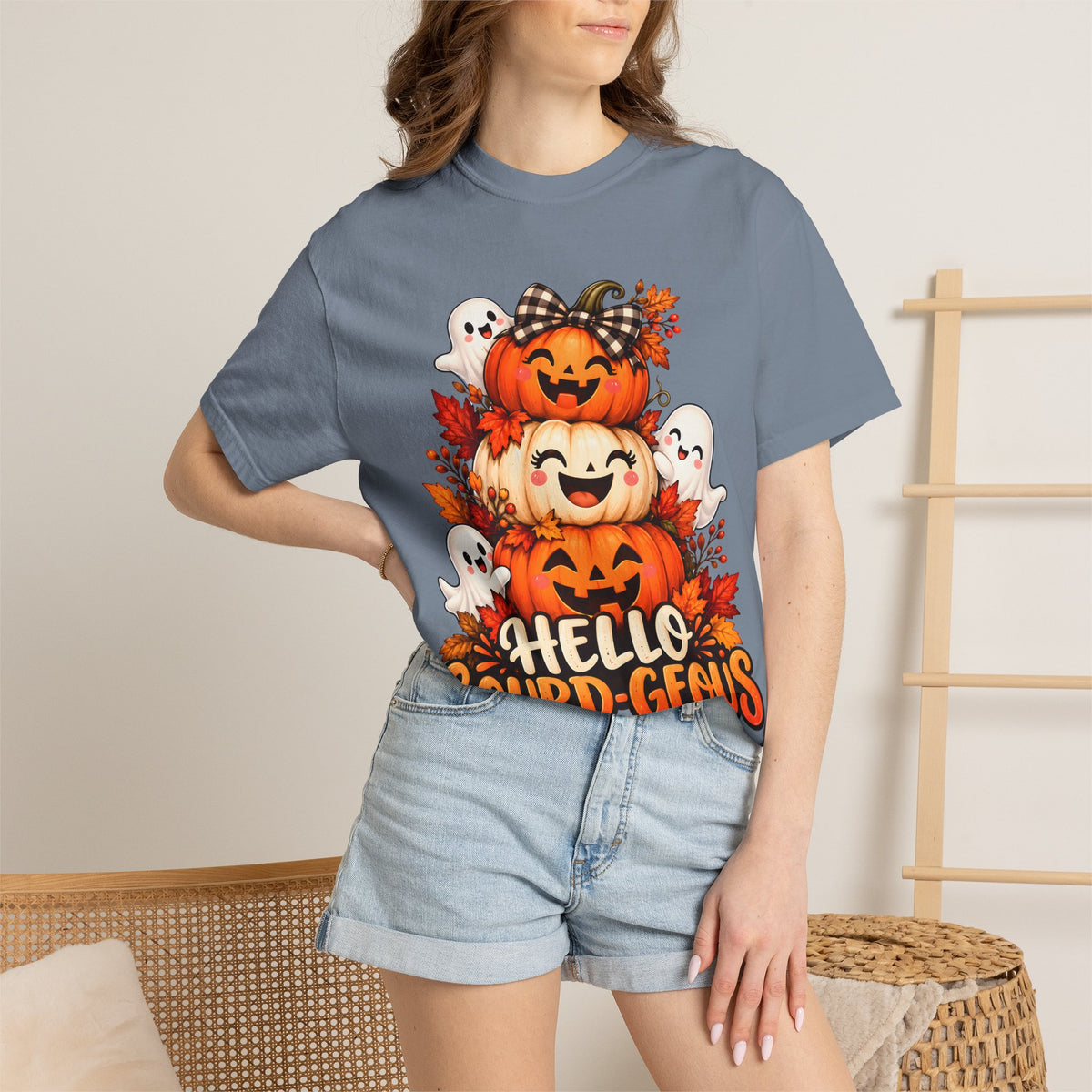 Hello Gourd-Geous Halloween T-Shirt | Cute Pumpkin & Ghost Graphic Tee
