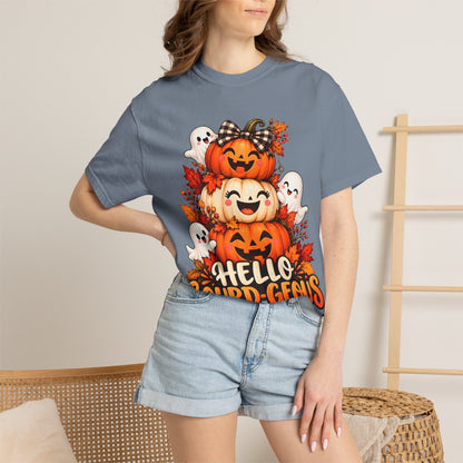 Hello Gourd-Geous Halloween T-Shirt | Cute Pumpkin & Ghost Graphic Tee