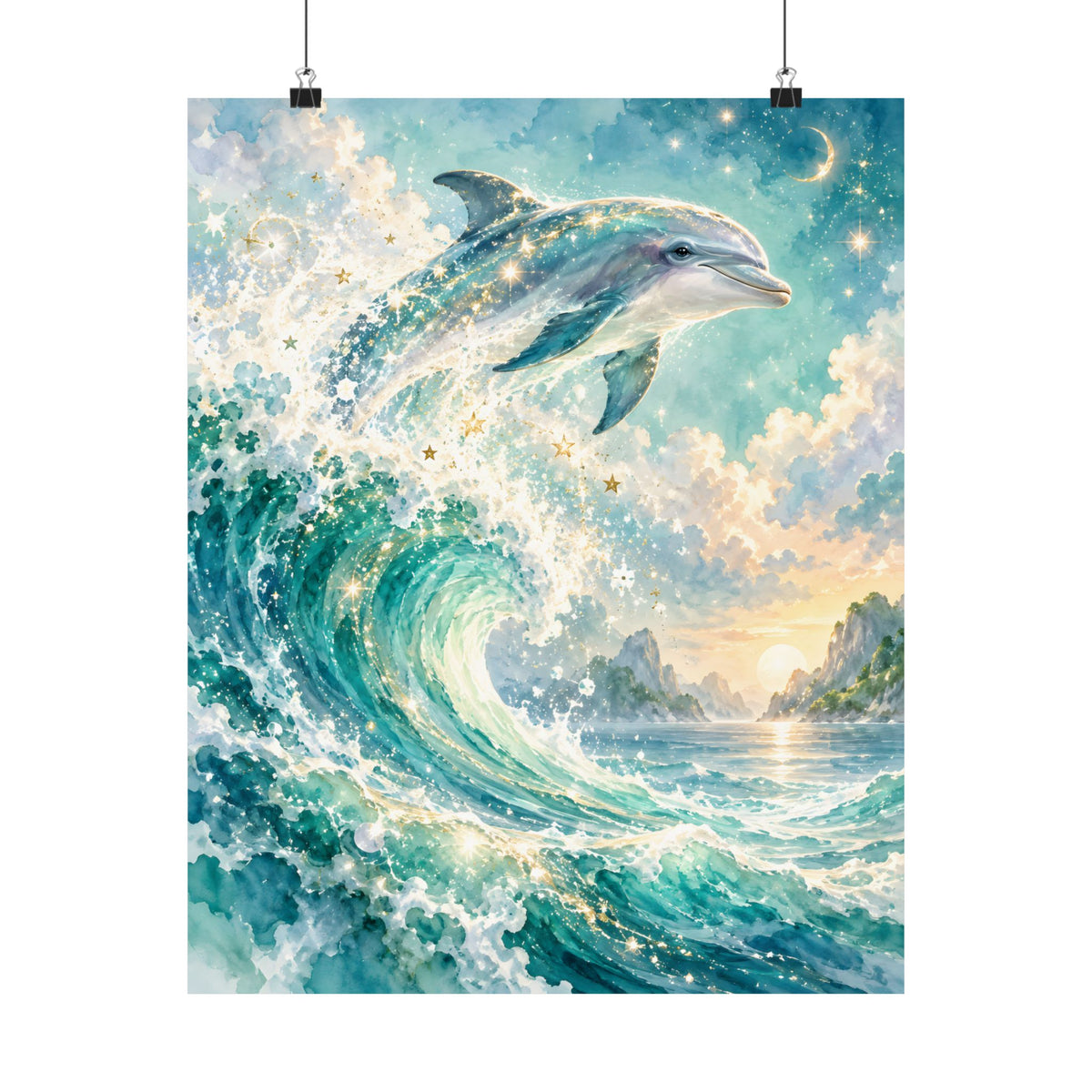 Celestial Dolphin Galaxy Watercolor Art – Indigo Magenta Nebula