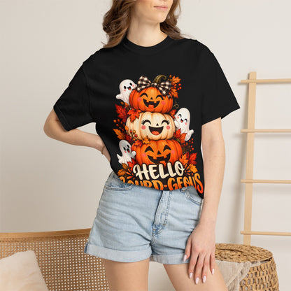 Hello Gourd-Geous Halloween T-Shirt | Cute Pumpkin & Ghost Graphic Tee