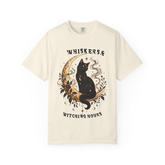 Mystical Black Cat Crescent Moon T-Shirt | Celestial Witchy Cat Tee