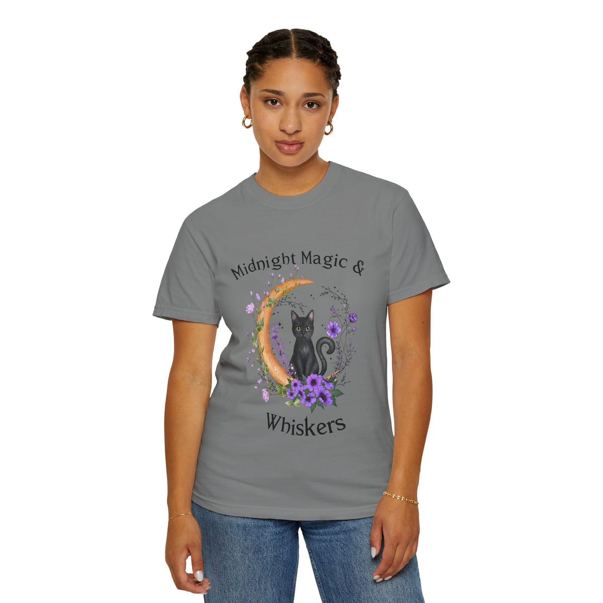 Mystical Black Cat Crescent Moon Floral Graphic Tee – Witchy Cat Lover Shirt