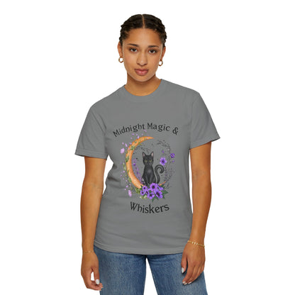 Mystical Black Cat Crescent Moon Floral Graphic Tee – Witchy Cat Lover Shirt