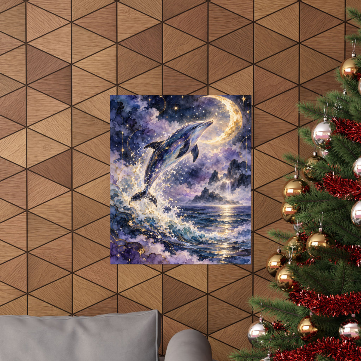 Celestial Dolphin’s Moonlit Leap – Mystical Watercolor Wall Art