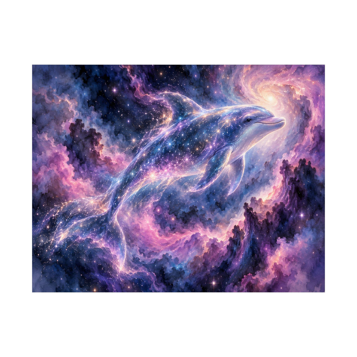 Celestial Dolphin Nebula – Purple Galaxy Watercolor Art Print